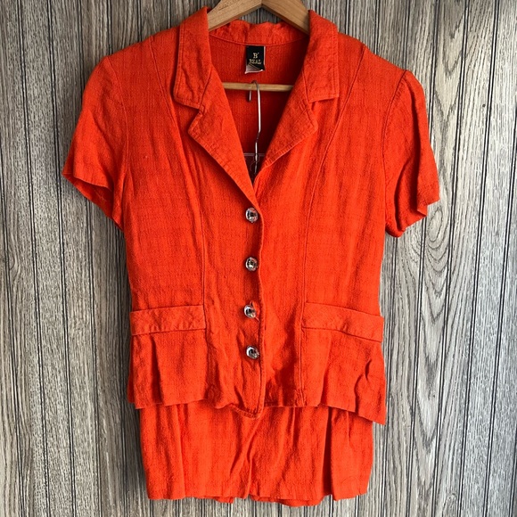 VTG 90’s Neon Orange Diamond Rhinestone Button Down Blazer Mini Skirt Suit Set - Picture 1 of 7